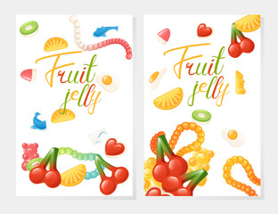 Colorful poster with fruit jelly candies. Vertical design banner with sweet food. Ideal for food packaging or promotional materials. Vector illustration