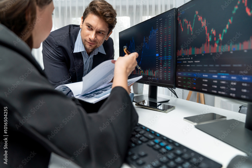 Poster two business traders discussing value business statistic graph company on paper report analyzing wit