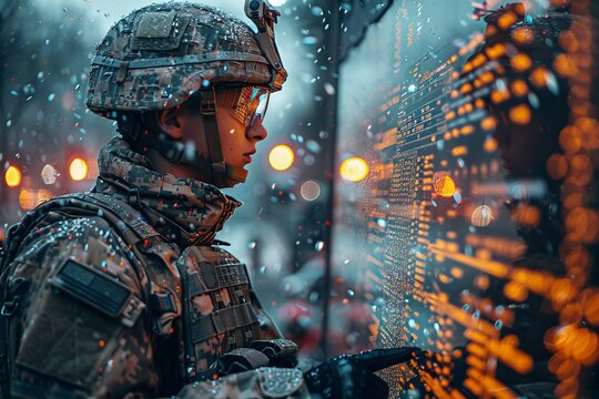 Soldier engaged with technology in a cybernetic landscape of yellow hues and blurred cityscape