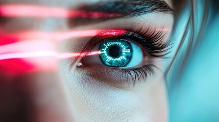An eye captured with digital futuristic overlay effects, symbolizing vision, technology, and the intricate connection between human sight and digital innovation.