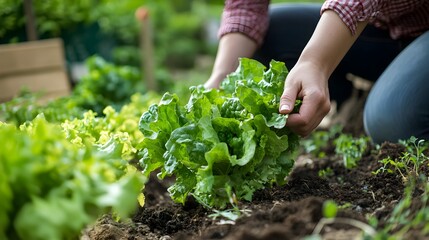 Close-up Shot of a Woman Harvesting Organic Lettuce in a Lush Garden