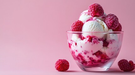 A delightful glass cup filled with creamy raspberry ice cream, isolated on a striking pink background. Fresh raspberries burst with color and flavor, making it a perfect dessert treat.