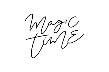 Magic time. Christmas text with brush calligraphy. Vector black with white for winter holidays greeting card, invitations