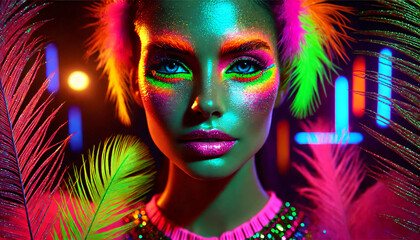 Closeup face of woman with neon make-up and feathery dress