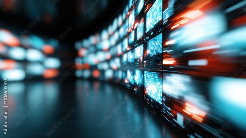 Poster a hallway lined with multiple digital screens displaying fast-moving data visuals, creating an immer