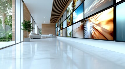 Fototapeta premium A bright gallery showcase with large screens features stunning nature and abstract visuals, reflecting a blend of technology and artistic expression in modern art.