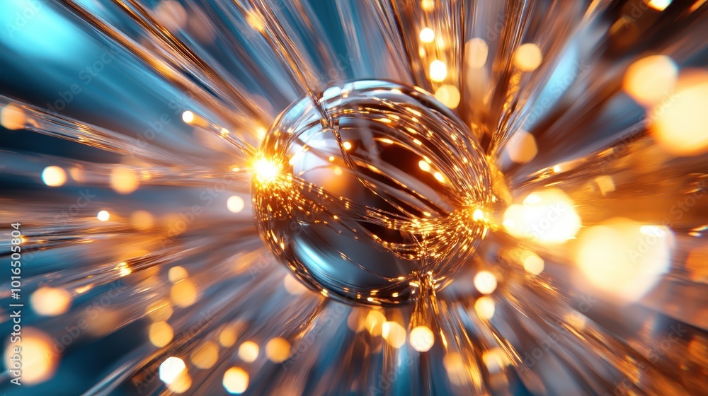 Poster a central reflective sphere is surrounded by outwardly radiating fibers and streaks of light, symbol