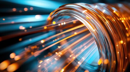 This image depicts a twisting bunch of copper-colored fiber strands surrounded by a shimmering bokeh effect that highlights a sense of movement and fluidity.