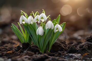 Snowdrops Blooming in Early Spring Garden at Sunset