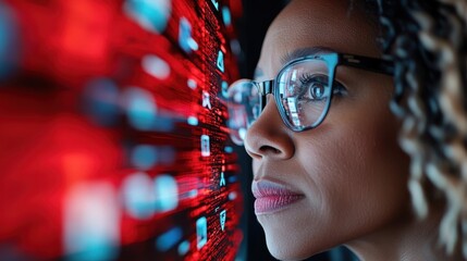A focused woman wearing glasses closely examines a red digital data wave, suggesting themes of technology and human connection with information networks.