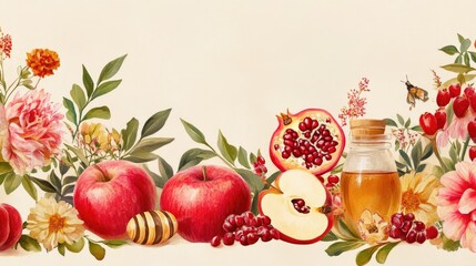 A festive arrangement of Rosh Hashanah symbols such as apples, honey, and pomegranates, complemented by summer flowers on a beige background, perfect for creating Shana Tova greeting cards.