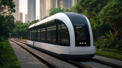 Naklejka premium A modern tram passing through lush greenery, blending urban design with nature in a vibrant cityscape.