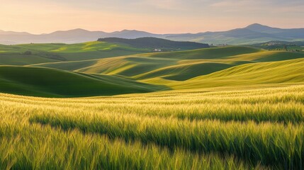 Obraz premium A peaceful scene of barley fields glowing under the soft light of the evening sun, with rolling hills in the distance.