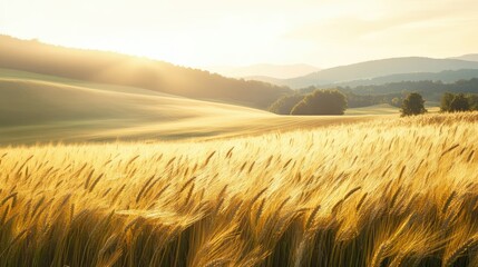 Obraz premium A peaceful scene of barley fields glowing under the soft light of the evening sun, with rolling hills in the distance.