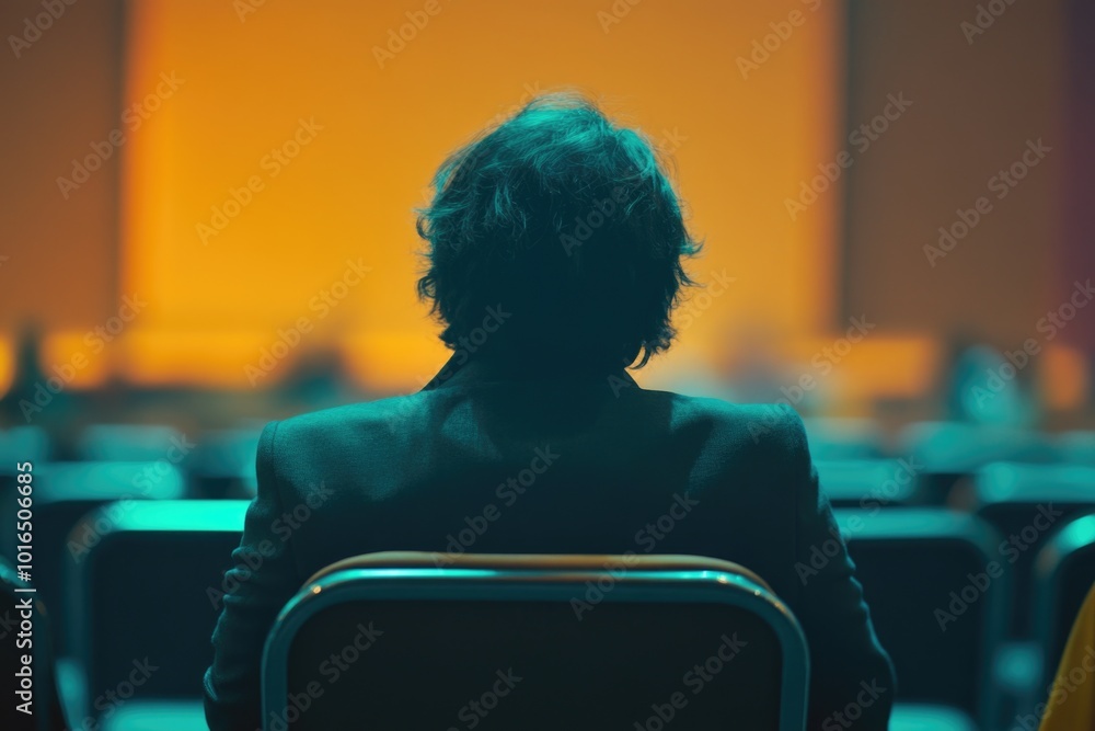 Poster a person sits in a chair in front of a computer screen, focused on their work.