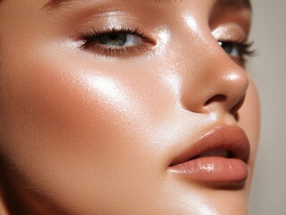 Fototapeta premium Close-up of a woman's glowing skin, highlighting beauty and radiance.