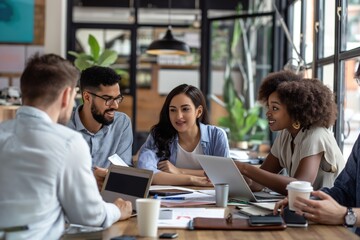 Group of business people from diverse backgrounds discuss project in modern office. Coworking space with laptop, coffee cup, plant, large window. Collaboration, team work, leadership, strategy,
