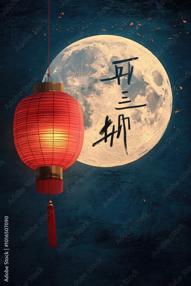 Poster A red lantern hangs from a string in front of a full moon, providing a warm glow in the night sky.