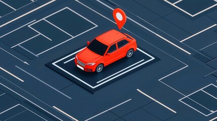 Obraz premium A red car parked in a digital parking space with a location pin on a modern city map.