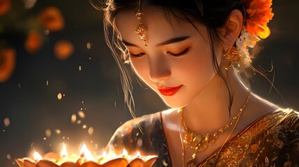 A close-up of a young woman in Thai Chakri costume, holding a krathong