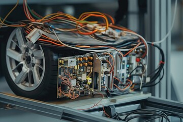 Complex circuit board on gray metal stand with colorful wires and components. Yellow, red, green components on electronic circuit board. Electronic device with car wheel on top.