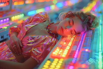 Whimsical digital art of a woman relaxing on an esc keyboard key in vibrant colors