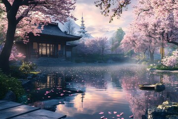A serene Japanese temple garden in spring, with cherry blossoms in full bloom during Higan