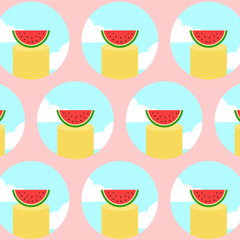 Pattern of water melon on podium with clouds inside circle shape.Water melon seamless pattern.Vector graphic shape repeat pattern isolated on light red background.