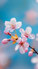 A close-up of a delicate cherry blossom branch, with soft pink petals against a bright blue sky during Higan
