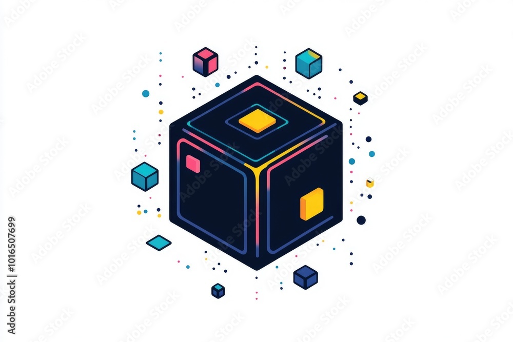 Poster a geometric design featuring a black cube with a bright yellow square in the center.
