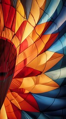A close-up of the intricate details of a hot air balloon’s fabric, with bright geometric patterns reflecting the morning light