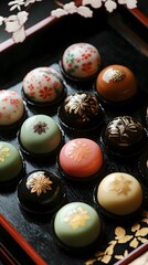 A close-up of traditional Japanese sweets (wagashi) prepared for Higan