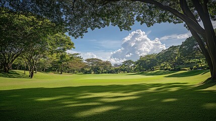Fototapeta premium A picturesque golf field with lush green grass and towering trees, perfect for a relaxing day outdoors.