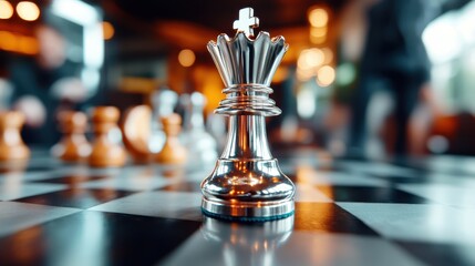 This detailed image centers on a regal silver chess queen poised regally on a checkered board amid blurred figures, conveying elegance and strategic depth.