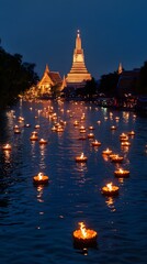 A river illuminated by thousands of floating krathongs, with the lights of a temple shining in the background during Loi Krathong