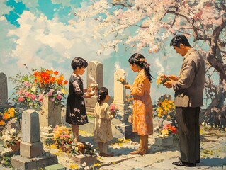 A family visiting a cemetery during Higan with backdrop of blooming trees