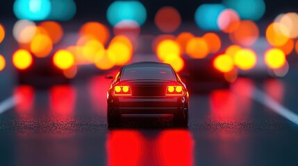 Naklejka premium A stylish car on a busy road, illuminated by vibrant lights, capturing the dynamic essence of urban night driving.