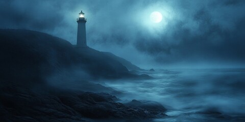 Eerie Lighthouse Serenity, a haunting lighthouse stands on a rugged coastline, waves gently lapping, under a soft, blurred moonlit sky © paisorn