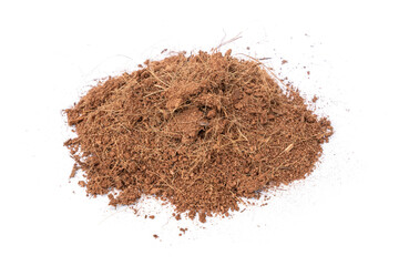 Pile of Coco Peat used for mixing soil or compost for plant cultivation isolated on white...