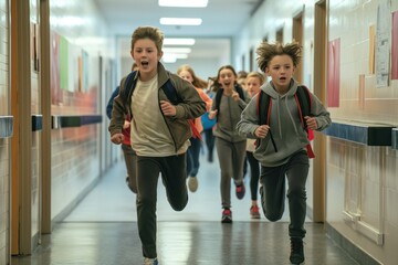 Fototapeta premium Two boys run through school hallway. Young students wear backpacks, white shirt, blue jeans, gray hoodie, black pants. Arms raised in excitement, joy. Neutral background with white walls, tiled floor.