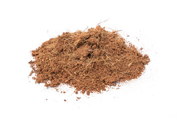 Pile of Coco Peat used for mixing soil or compost for plant cultivation isolated on white...