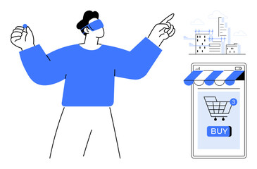 Person wearing VR headset pointing and holding object beside smartphone with shopping cart symbol. Ideal for virtual reality technology online shopping e-commerce futuristic interactions digital