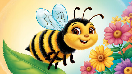 3d Bee With Flowers Cartoon Character  ai genrative