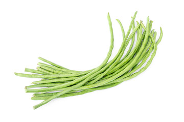 Fresh green yardlong cowpea beans, kacang panjang, long bean. isolated white background.