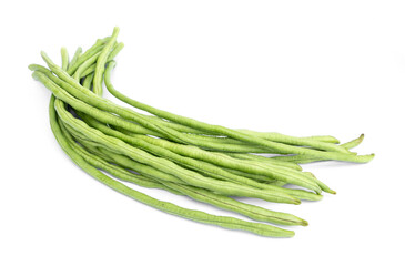 Fresh green yardlong cowpea beans, kacang panjang, long bean. isolated white background.