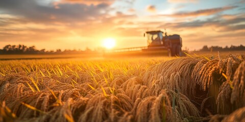 Harvesting Rice at Sunset, serene field, golden grains, gentle breeze, warm hues of dusk, peaceful rural landscape, nature's bounty revealed