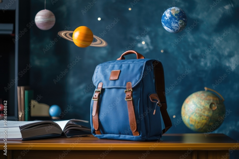 Poster A blue backpack resting on a wooden desk, perfect for school or office use.