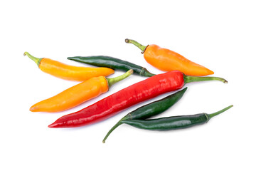 Ingredients and spices for Thai food menus. A set of various colored chili peppers with Green and...