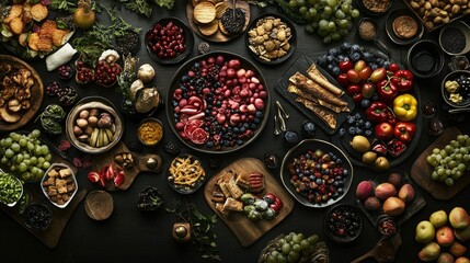 Fototapeta premium A stunning top view of a table filled with an assortment of delicious foods, including vibrant fruits, savory snacks, and rich desserts, all artfully displayed on a dark wood surface