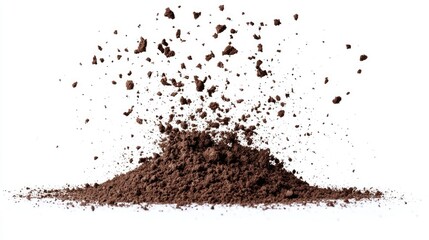 A pile of dirt flying through the air, with soil particles scattering, isolated on a white background